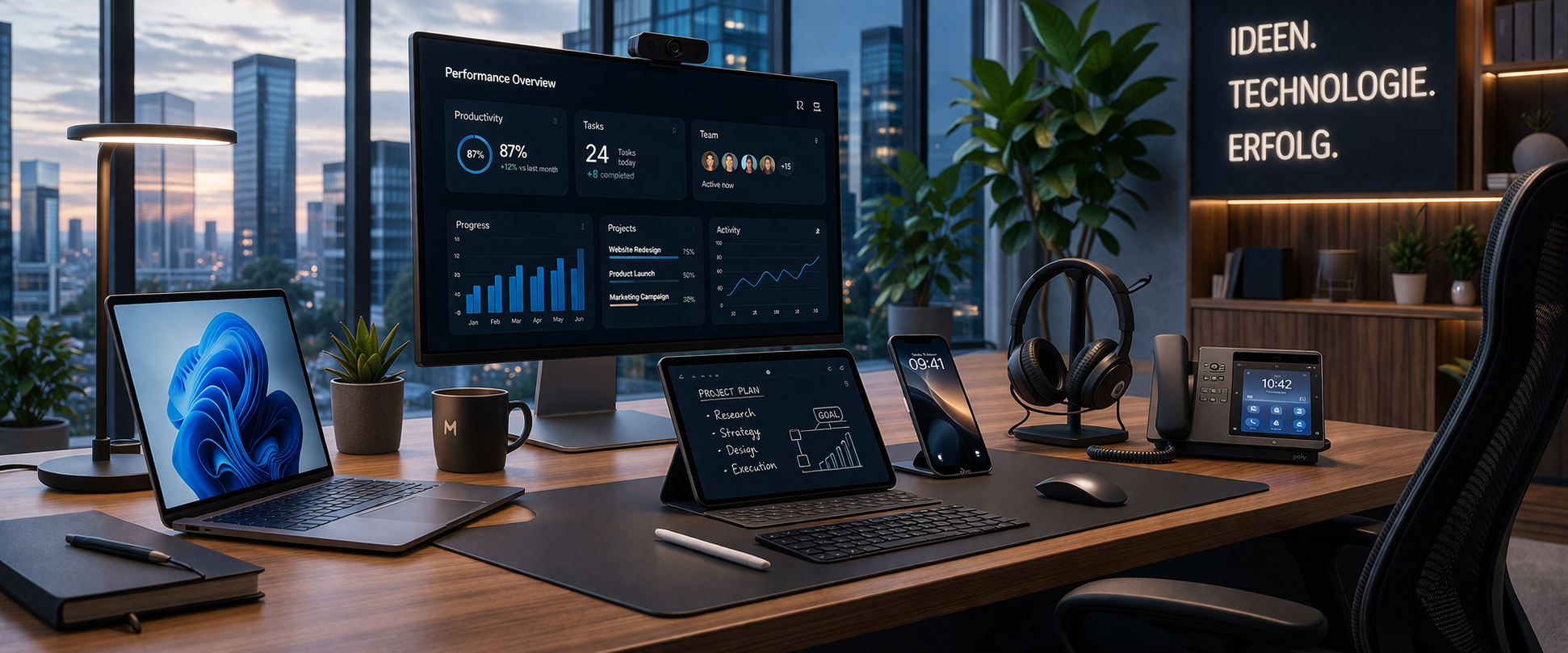 Moderner Arbeitsplatz mit Business IT, Notebook, Monitor und Zubehör